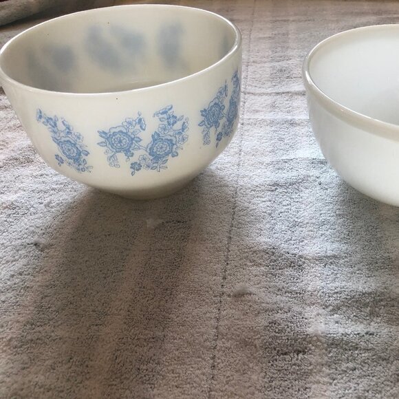 Fire King Milk Glass Bowl -  Blue Flower Design - Hard to Find - Picture 2 of 4